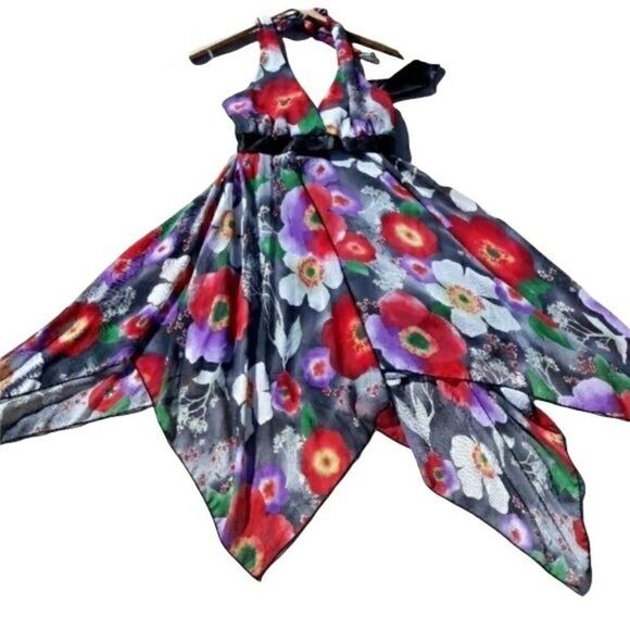 90's Anime Vibrant Poppy Floral Halter Dress Colorful SharkBite Hem Satin Tie - Picture 1 of 8